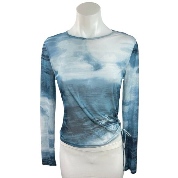 Lioness Mesh Blue Crew Neck Long Sleeve Tie Dye Marble Print Blouse Top Size M - Picture 1 of 4
